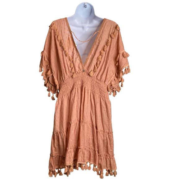 Z&L Women's Peach Tassel Boho Mini Dress Size XL Hippie Festival Indie Smocking - Picture 2 of 11